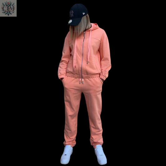 Survêtement uni corail cordon satiné Ensemble coton doux Look cocooning   Ensemble casual Tenue décontractée chic Tenue de ville décontractée Loungewear haut de gamme Look sportswear raffiné Stretch cotton tracksuit   Luxury loungewear Versatile women's outfit