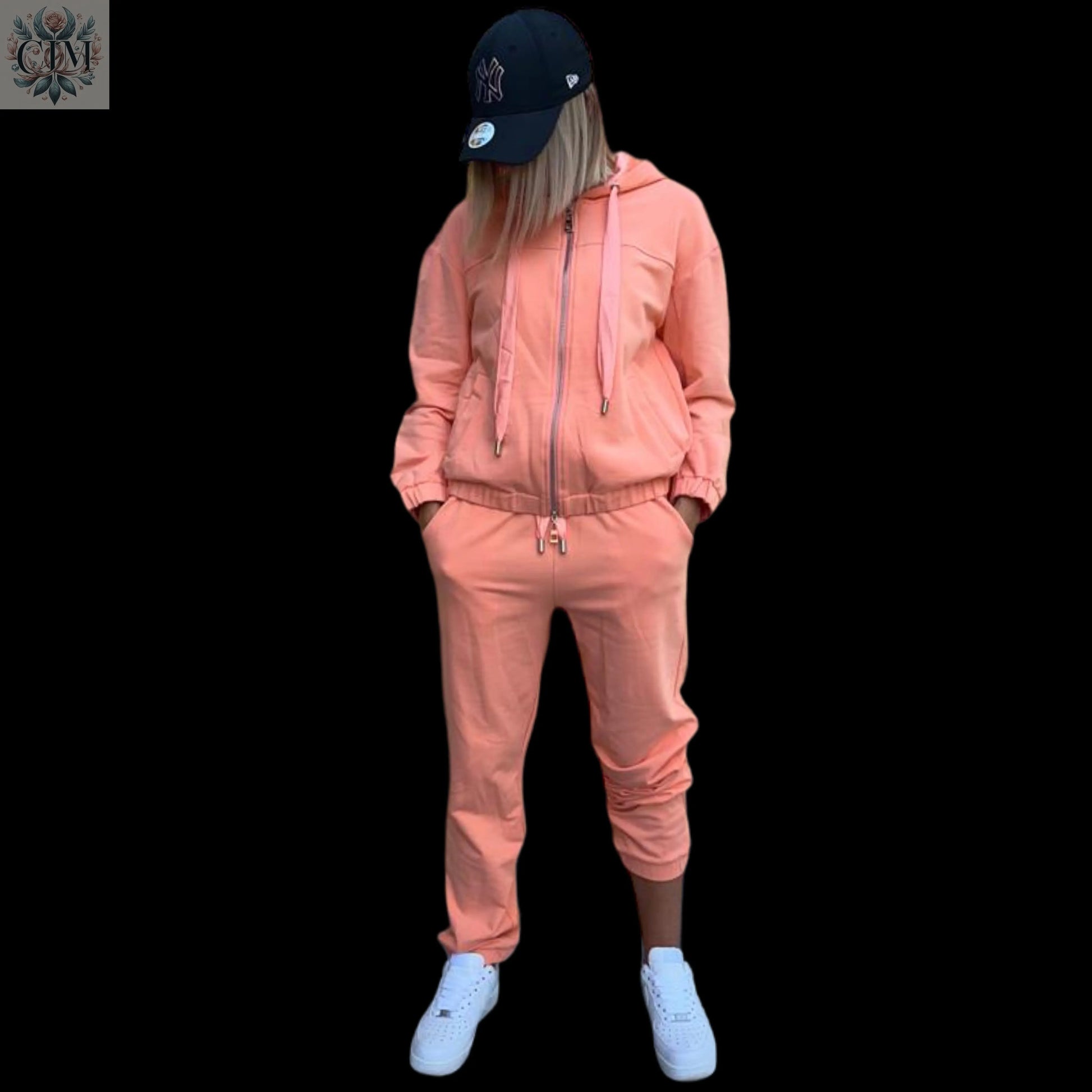 Survêtement uni corail cordon satiné Ensemble coton doux Look cocooning   Ensemble casual Tenue décontractée chic Tenue de ville décontractée Loungewear haut de gamme Look sportswear raffiné Stretch cotton tracksuit   Luxury loungewear Versatile women's outfit