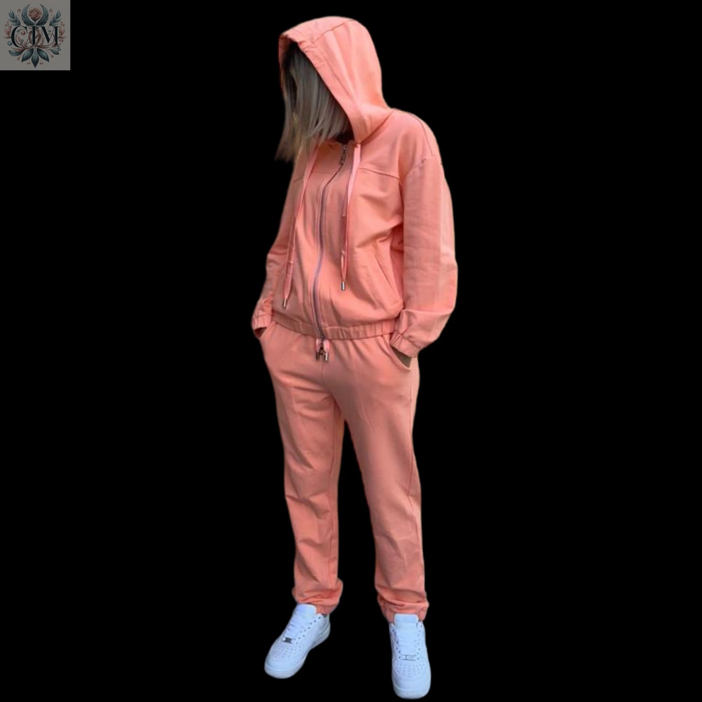 Survêtement uni corail cordon satiné Ensemble coton doux Look cocooning   Ensemble casual Tenue décontractée chic Tenue de ville décontractée Loungewear haut de gamme Look sportswear raffiné Stretch cotton tracksuit   Luxury loungewear Versatile women's outfit