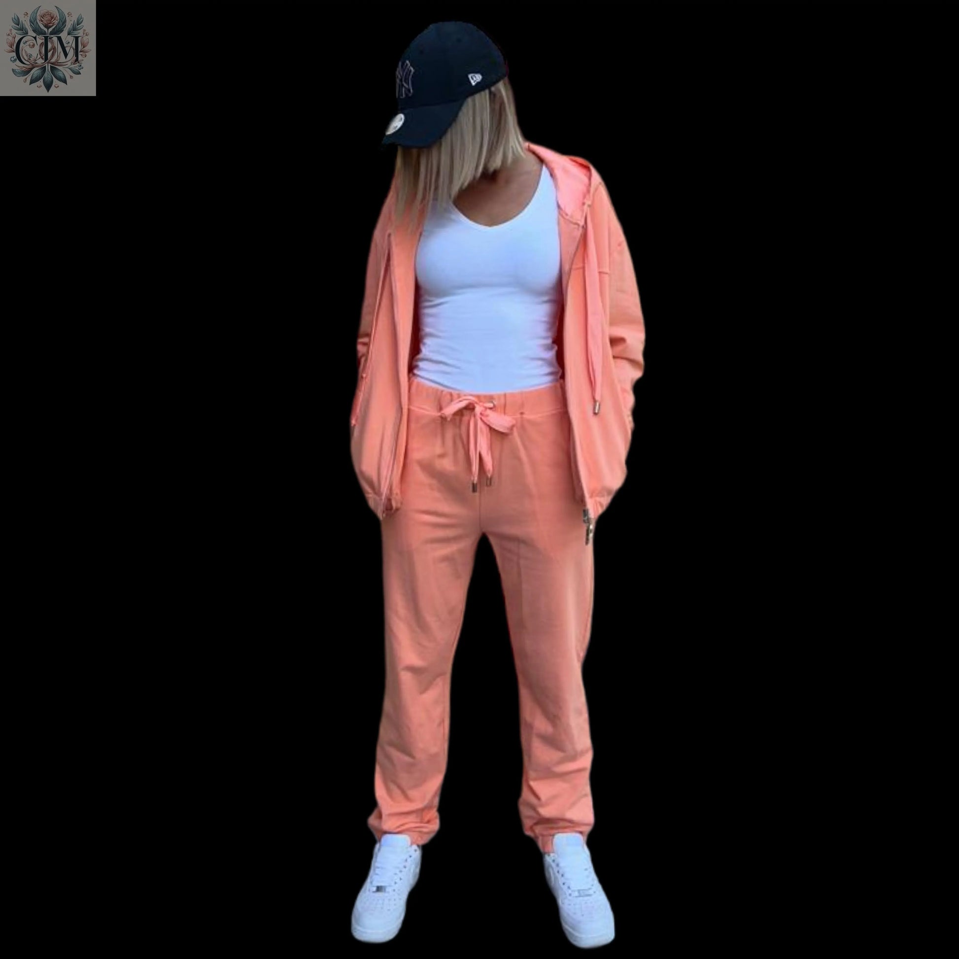 Survêtement uni corail cordon satiné Ensemble coton doux Look cocooning   Ensemble casual Tenue décontractée chic Tenue de ville décontractée Loungewear haut de gamme Look sportswear raffiné Stretch cotton tracksuit   Luxury loungewear Versatile women's outfit