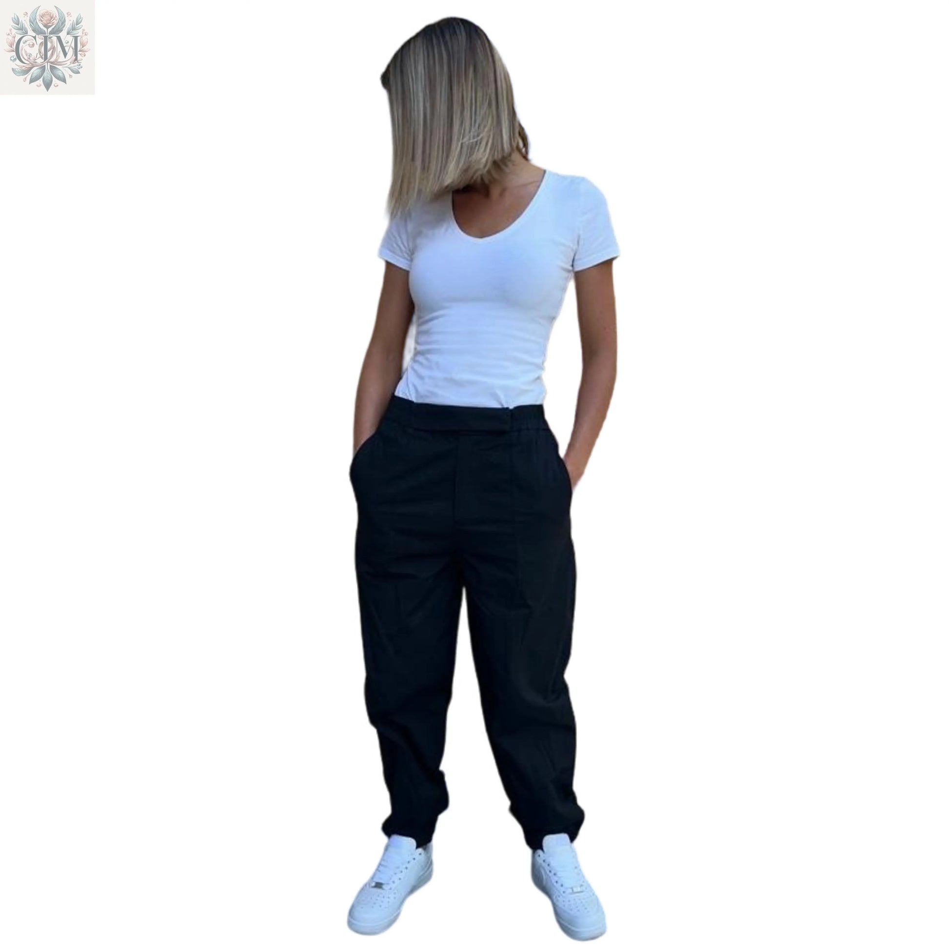 Pantalon carotte noir 100% coton Élégance intemporelle Look personnalisable Tenue habillée ou décontractée  Boutons-pression chevilles Modern style  Timeless elegance  Perfect fit Carrot pants 100% cotton